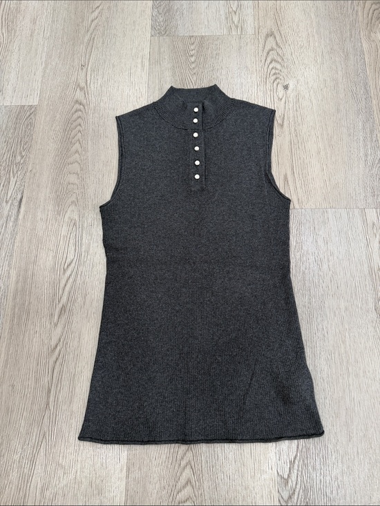 Frame Denim Tops - Frame Sleeveless Mock Neck Button Knit Top - Charcoal